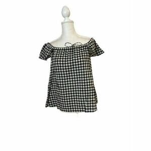 J. Crew Gingham Ruffle Sleeve Blouse Medium Black White cotton  Prep Coastal